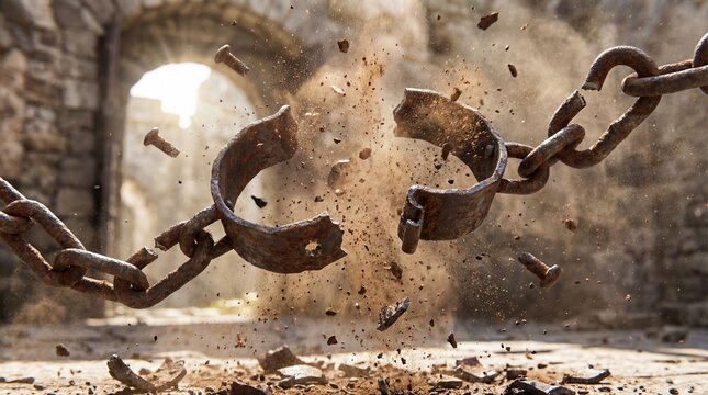 Silhouette with raised hands and broken chains concept. A powerful image depicting broken chains symbolizing freedom.