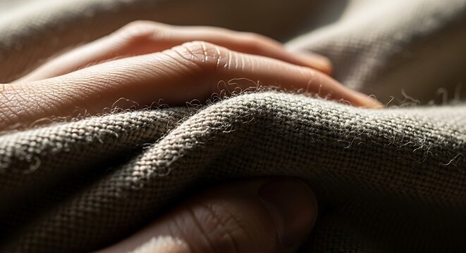 A detailed, intimate view of human hands gently placed on a coarse, woven textile, highlighting texture and form.