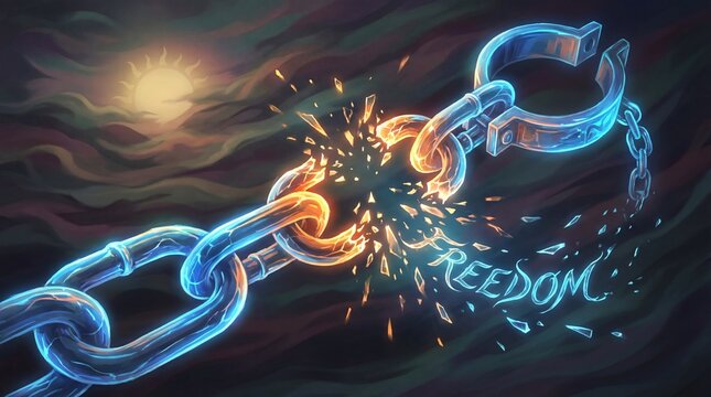 Silhouette with raised hands and broken chains concept. A striking image symbolizing the breaking of chains and freedom.