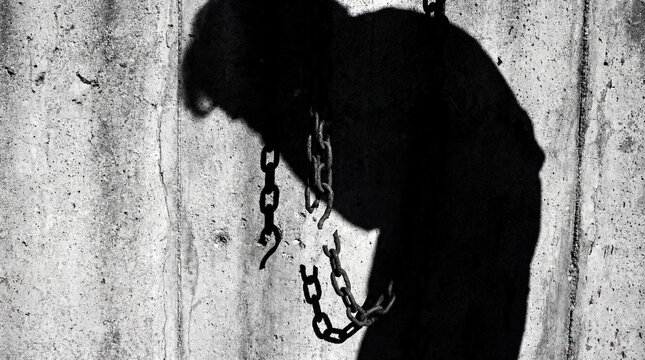Silhouette with raised hands and broken chains concept. A striking shadow figure bound in chains, symbolizing oppression.