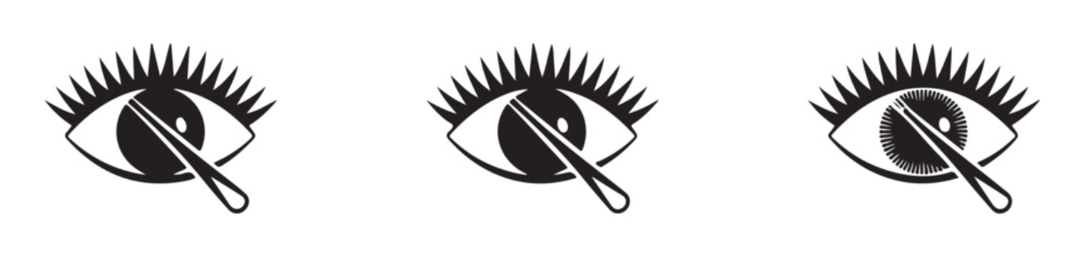 Set of abstract vector icons showing eye makeup tools and eyelash enhancement equipment for beauty studio.