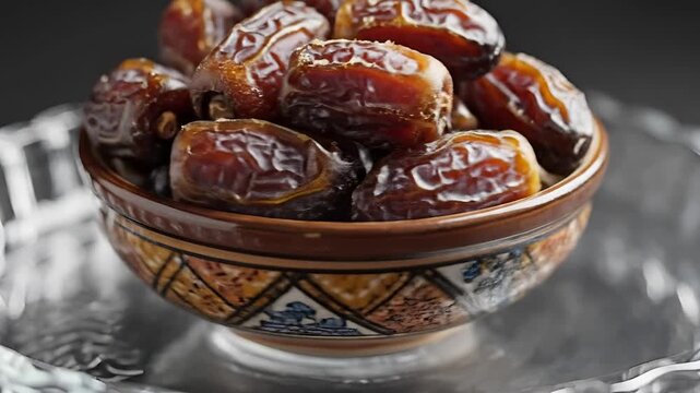 Closeup of a decorative bowl filled with ripe dates.