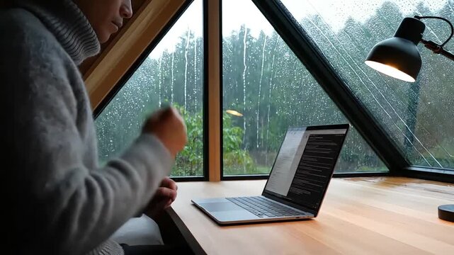 Focused male freelancer working on laptop inside a cozy cabin during a heavy rainy day