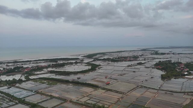 Aerial Drone View of Coastal Aquaculture Salt Ponds and Fish Farms Under Cloudy Sky