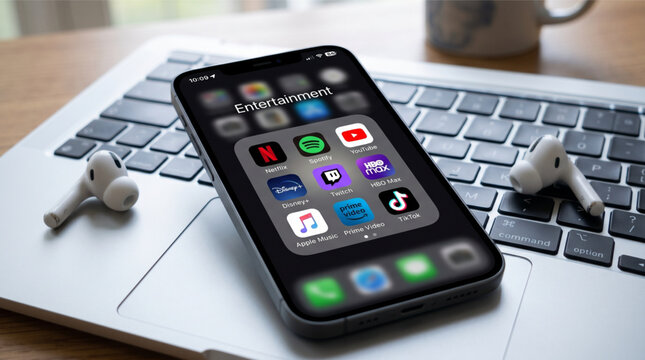 Netflix, Spotify, YouTube, Disney+, Twitch, HBO Max, Apple Music, Prime Video and TikTok mobile icons app on a screen smartphone iPhone. Leading entertainment streaming and social media platforms.