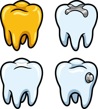 Dental tooth collection with gold crown silver filling and healthy molar