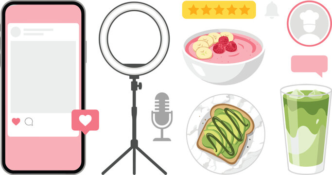 Social Media Content Creation and Healthy Food Lifestyle Collection Featuring Smartphone Interface, Ring Light, Microphone, Smoothie Bowl, Avocado Toast and Matcha Drink Vector Illustration
