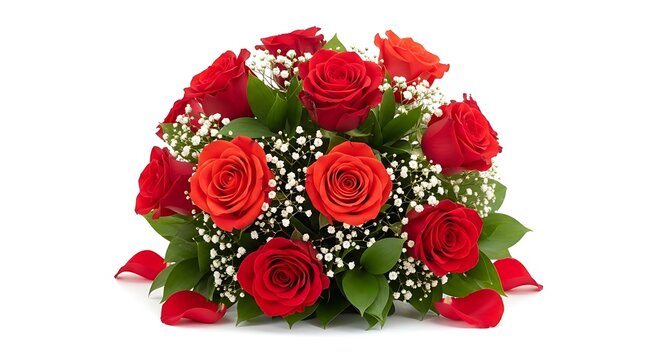 A bouquet of red roses and white babys breath on a transparent background