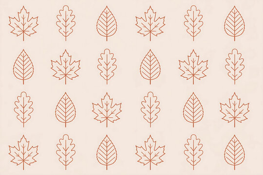 Minimalist Terracotta Line Art Autumn Leaves Seamless Pattern on Sand Background