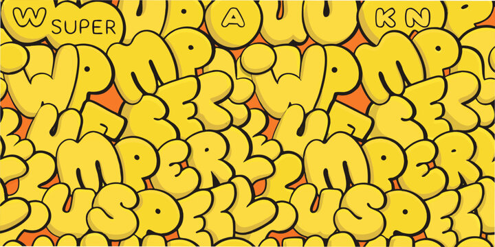 Yellow bubble letter pattern with overlapping comic style typography