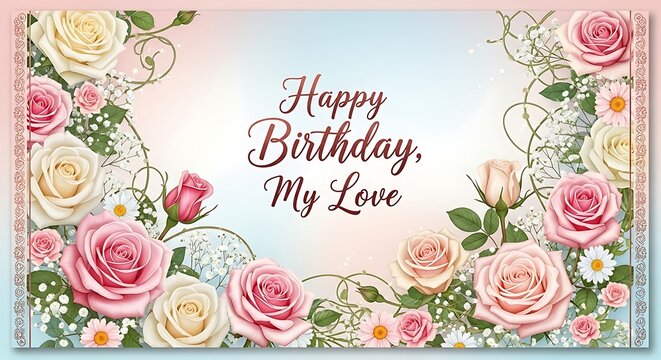 Beautiful birthday card with roses and happy birthday message for love