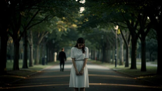 Sad woman standing alone in a tree-lined park pathway with a blurred figure walking away in the background