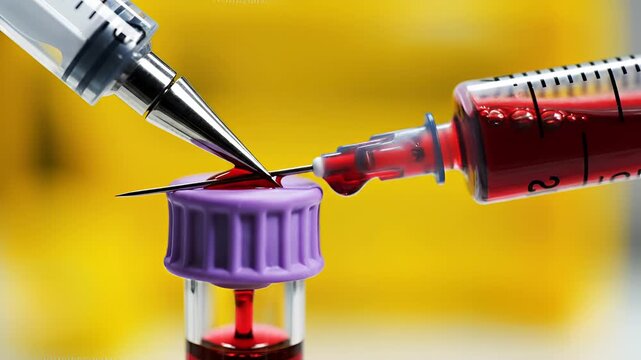 Closeup of medical syringes collecting blood sample into vial.