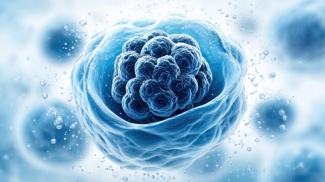 Microscopic view of a dividing cell with a cluster of smaller cells forming within its cytoplasm