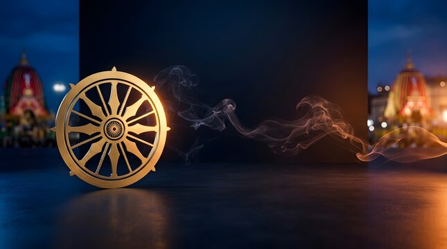 Golden dharma chakra wheel with smoke and jagannath temple background