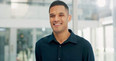Fototapeta premium Portrait, business and man with smile in office for career pride, about us and journalist. Happy, male person and ambition with confidence, positive attitude and news reporter at publication agency