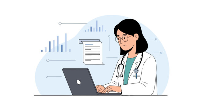 Female doctor using laptop with medical charts and data visualization