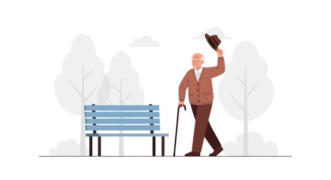 Elderly Man Saluting with Hat and Cane in Park