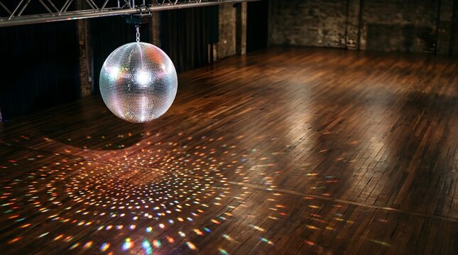 Disco ball hanging over an empty wooden dance floor at a party event