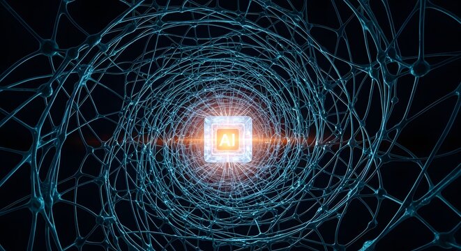 Central AI Processor Illuminating a Complex Neural Network Pathway