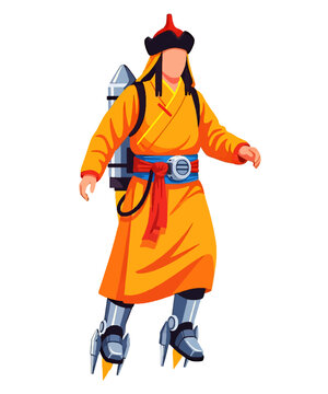 A creative flat vector illustration of a person in traditional Mongolian clothing flying with a high-tech jetpack and rocket boots on a white background.