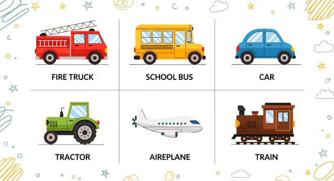 Vector illustration of various transport modes like fire truck school bus car tractor airplane and train designed for early childhood education.