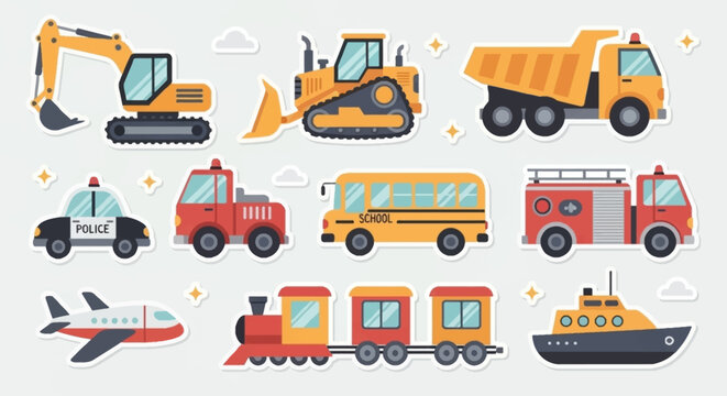 A set of colorful flat-design cartoon stickers featuring various transport and construction vehicles like an excavator, bus, train, and plane.