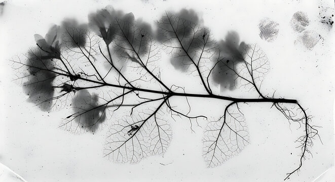 A scientific illustration of a plant's root system and leafy foliage on a white background.