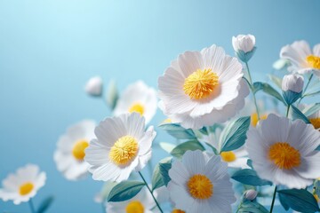 Fototapeta premium Beautiful Paper Cut Flowers in a Bright and Cheerful Garden Scene with Delicate White Petals, Yellow Centers, and Green Leaves in Soft Blue Background