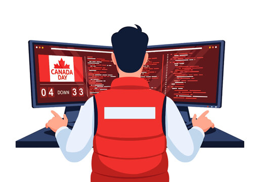 flat vector illustration of a remote software developer working at a dual monitor workstation with canada day countdown and programming code display
