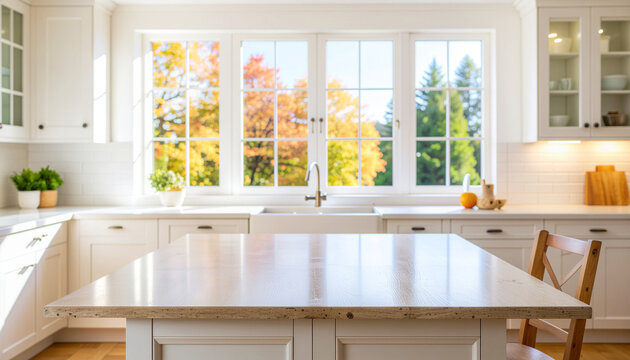 A bright, sunlit white kitchen featuring a large island, wooden chair, and a big window overlooking beautiful golden and orange autumn trees outside.