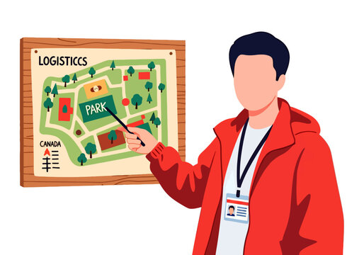 Flat illustration of a faceless staff member in a red jacket pointing at a logistics map showing a park layout and site plan.