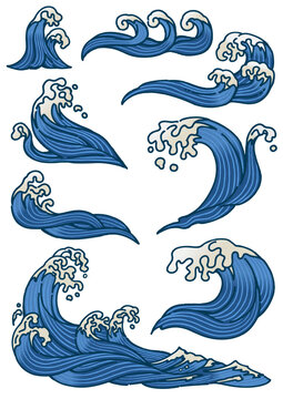 和風の手描きの波のイラストセット