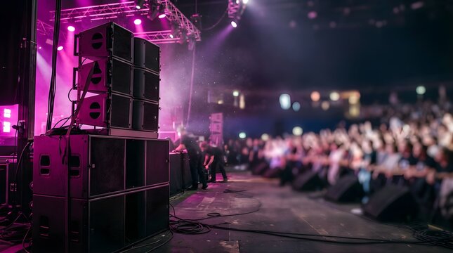 Large speaker stack on stage during a crowded live music event at night