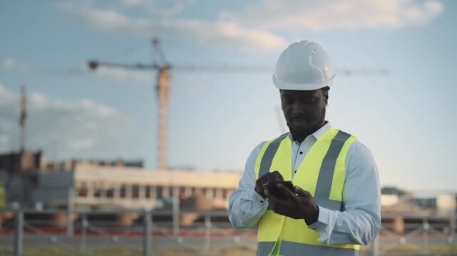 Internet addiction and technology, builder using smartphone in construction site . Portrait of black man with modern mobile phone, audit and inspection buildings, african american male person