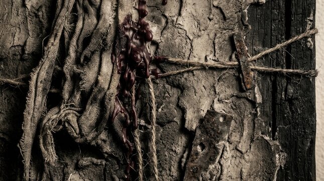 Spooky blonde girl in worn black and white photo concept. Abstract view of tree bark with intricate textures and details.