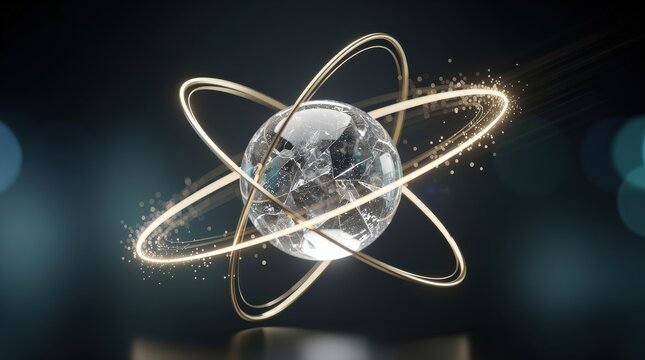 A digital globe encircled by glowing atomic rings representing global connectivity and futuristic technology.