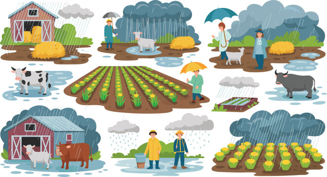 Rainy day farm vector illustration collection featuring farmers in raincoats holding umbrellas managing flooded fields crops barn houses and livestock animals in thunderstorm.