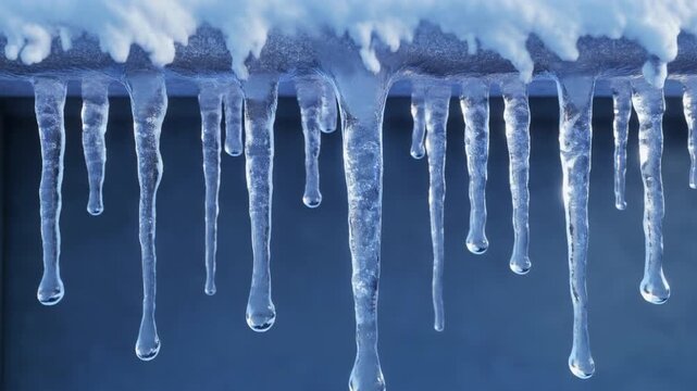 Time-Lapse of Crystal Clear Icicles Growing on Snowy Winter Ledge