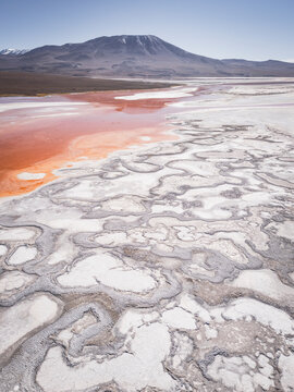 High altitude red lake and salt flats in Bolivia