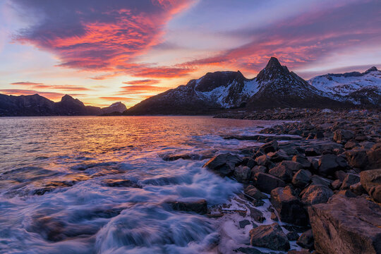 Incredible sunrise over Mefjordv&aelig;r in Senja, Norway