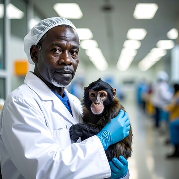 A man in a lab coat holding a monkey