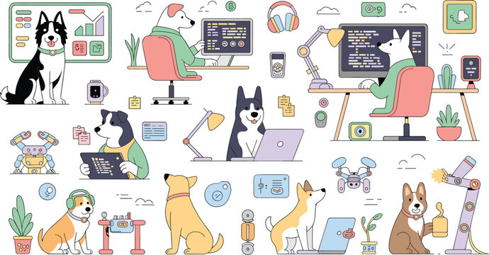Cute dog programmer and tech developer cartoon character vector illustration sheet featuring funny puppies working on computers coding analyzing data and using gadgets.