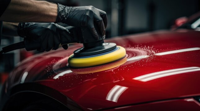 A person wearing black gloves is polishing the shiny red surface of a car with a power buffer.