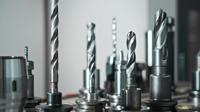 Metal Cutters Spinning. Closeup Of Metal Cutting Devices Mounted On Rotating Holder In Workshop Setting