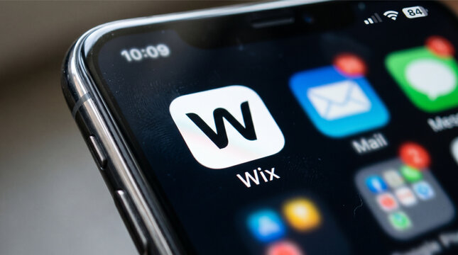Wix mobile logo app on a screen smartphone iPhone. Wix is a cloud-based development platform that allows users to create professional HTML5 websites and mobile sites using online drag and drop tools.