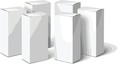 Naklejka premium Blank white vertical packaging box vector mockup collection arranged in a semi circle for realistic product branding presentation of cosmetic or medicine containers.