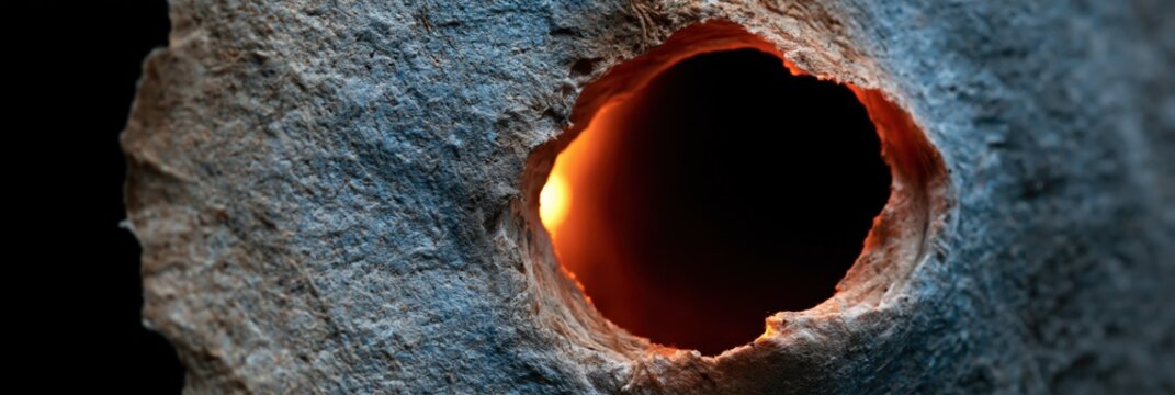 Closeup rock hole with warm glowing interior and textured stone edge for abstract background and poster design