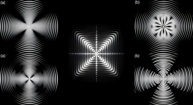 Three abstract geometric patterns with concentric circles and lines on a black background
