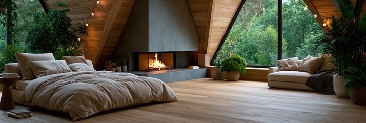 Naklejka premium Minimal cabin loft bedroom with low bed, modern fireplace and large glass window overlooking forest for calm background and wallpaper design